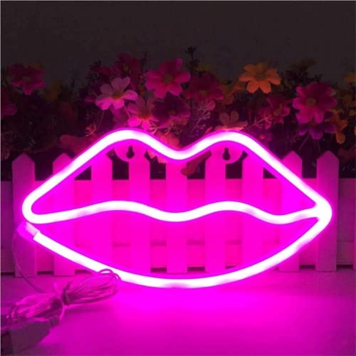 BringLuck2U Lettres en forme de lèvre au néon LED Baiser Enregistreur au néon Lumière Art Mural Décoration Lumières pour Bébé Fille Chambre Bar Mariage Fête Supplies (Rose) Cover