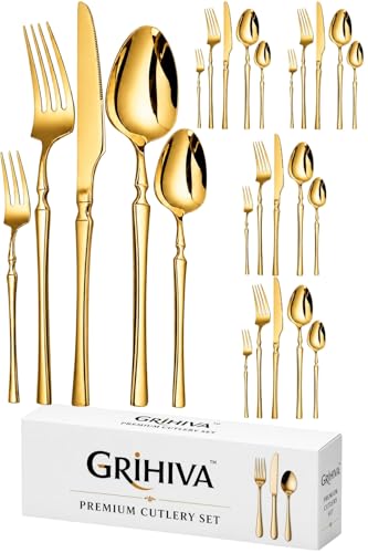 Image of 25 Pcs Gold Cutlery Set for Dining Table the Perfect Lightweight Silim Handle Tableware Including Dinner Spoon, Dinner Fork, Dinner Knife, Dessert Spoon & Dessert Fork