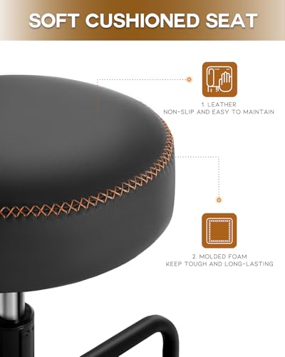 Shop Stool with Lockable Rubber Wheels Adjustable Backrest Tool Tray Storage 400 lb Capacity Rolling Garage Stool (Black)