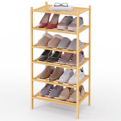 Image of Smiry Bamboo Shoe Rack, 5 Horizontal Slats, 6 Tier - 17.3 inch Wide, Natural