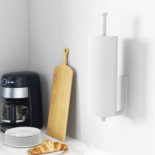Image of Paper Towel Holder - Self-Adhesive or Drilling, White, Wall Mounted, SUS304 Stainless Steel Kitchen Roll Dispenser Under Cabinet