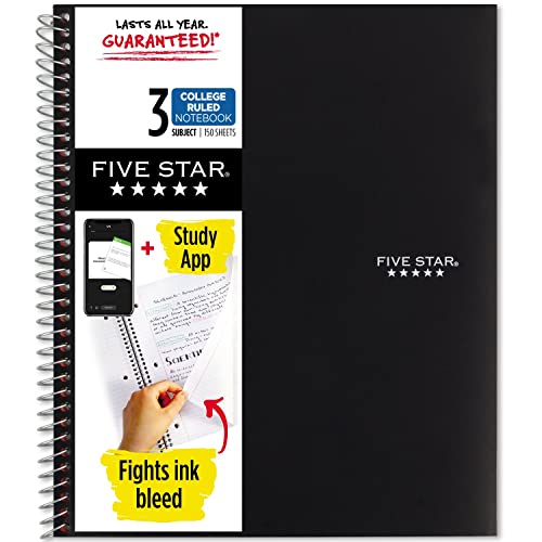 Five Star Spiral Notebook + Study App, 3 Subject, College Ruled Paper, Fights Ink Bleed, Water Resistant Cover, 8-1/2" x 11", 150 Sheets, Black (72069) #1