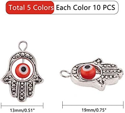 PandaHall 50pcs Antique Silver Hamsa Charms with 10 Color Evil Eye Beads Hand of Fatima Symbol Hand Beads Charms for Jewellery Making Findings DIY Necklace Bracelet