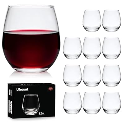 Ufrount Stemless Wine Glasses Set of 12,16 OZ Stemless Wine Glass Cups,Clear Christmas Red Wine Glassware White Wine Glass Tumblers,Elegant Crystal Bourbon Glasses Water Cups for Wine,Whiskey