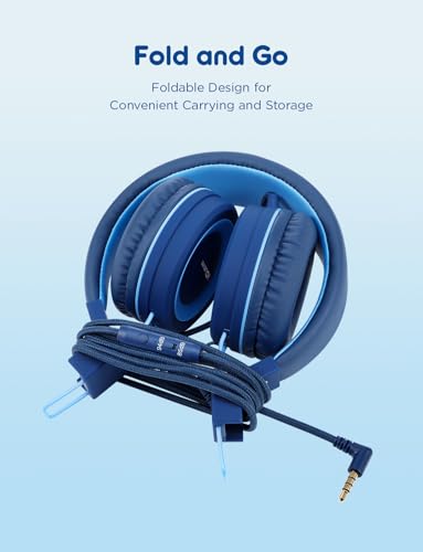 iClever HS14 Kids Wired Headphones, Light Blue, 85dB Volume Limiter, Stereo Sound, Built-in Mic, 3.5mm Audio Jack Compatible, 6.1 Ounces