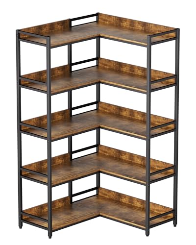 Image of Aquzee Large 5-Tier Corner Bookshelf, Modern Tall Corner Shelf Storage Rack