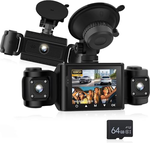 NHOPEEW Dash Cam anteriore e laterale 1080P con rilevamento del movimento e registrazione in loop - Dash cam HD a 3 canali con ampio angolo di 360° Facile da installare + scheda TF da 64 GB