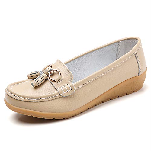 Image of Women Loafers Leather Rubber Sole Slip On Walking Flats Casual Moccasin Boat Shoes
