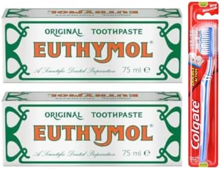 EuthymolOriginal Toothpaste, 75 ml, Pack of 2 with Colgate Toothbrush