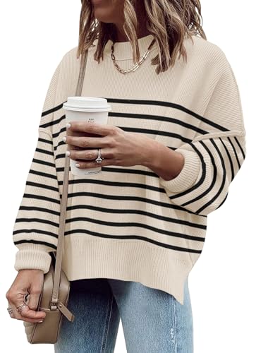 Women's Oversized Crewneck Sweaters Batwing Long Sleeve Side Slit Ribbed Knit Pullover Sweater Tops