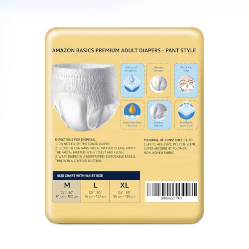 Image of Amazon Basics Economy Adult Diapers Pant Style for Men & Women | Medium Size | 30 Count (10 x Pack of 3) | Up to 8 Hours Absorbency | Wetness Indicator | Soft & Comfortable | Disposable | White