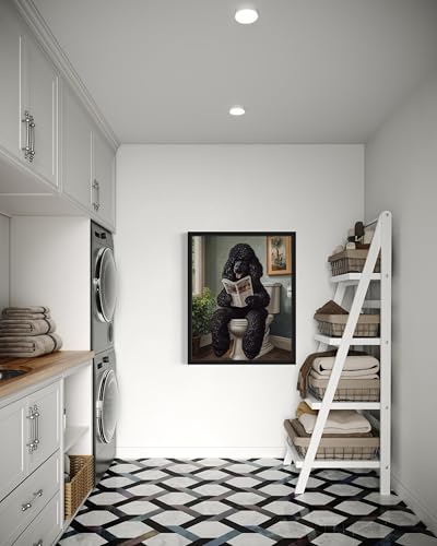 Image of Poodle Black on Toilet Black Framed Wall Art Print Poster, Dog Bathroom Humor Decor Posters Prints for Restroom Home Picture Painting Artwork Gallery 7 (Poodle Black, 10 inchL x 8 inchW, Black Frame)
