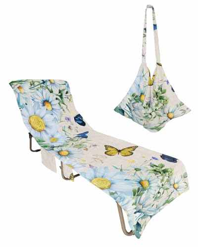 Spring Daisy Beach Lounge Chair Towel Cover, Soft Chaise Lounge Towel with Side Pockets Patio Pool Chairs Cover for Beach/Pool Sunbathing 29x85 Summer Butterfly Botanical Farmhouse