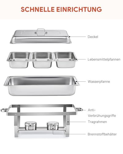 Wilprep Chafing Dish Edelstahl 9L Buffet-Set Warmhaltebehälter Speisenwärmer Wärmebehälter Rechaud für Catering, Buffet und Party (2 Set 3x1/3 GN-Behälter) – Bild 7