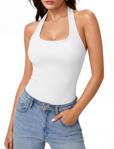 Aottori Débardeur Femme Caraco Col Halter Dos Nu Haut Sport Ete Basique Sexy sans Manches Slim Fit Chic et Elegant T-Shirt Tops Couleur Unie Blanc M