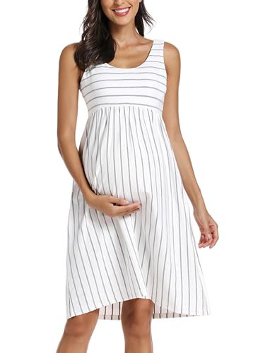 Image of Ecavus Womens Maternity Tank Dress Stripe Color Block Sleeveless Knee Length for Baby Shower