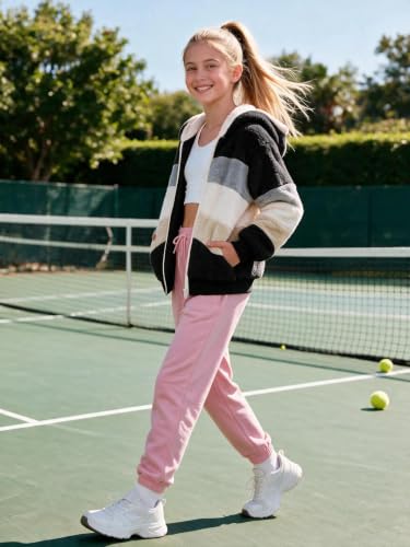 Image of Girls Fleece Jackets Kids Sherpa Fuzzy Zip up Hoodie Fall Winter Contrast color Pullover Sweatshirt 4-12 Years