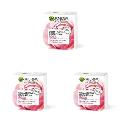 Garnier Crema Viso Idratante Lenitiva Skinactive, Ottima per Pelli Secche o Sensibili, Arricchita con Acqua di Rosa, 50ml (Confezione da 3)