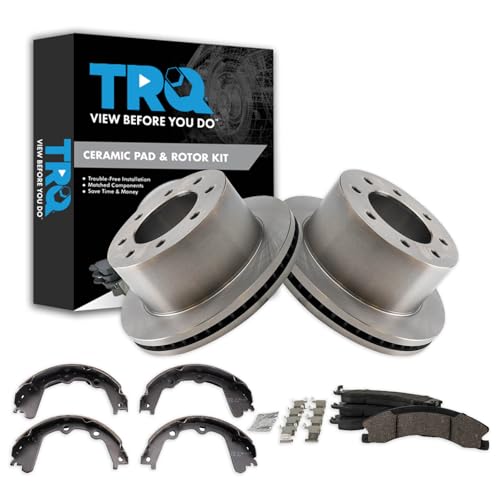 Image of TRQ Rear Brake Pad & Rotor Kit Parking Brake Shoe Set Ceramic Compatible with 2013-2017 Chevrolet Silverado 3500 HD GMC Sierra 3500 HD