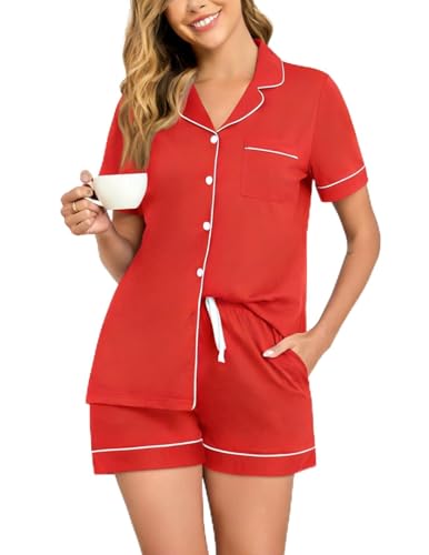 Image of Veseacky 100% Cotton Pajamas for Women Set Short Sleeve Button Down Sleepwear Soft 2 Piece Summer Pjs Lounge Sets S-XXL