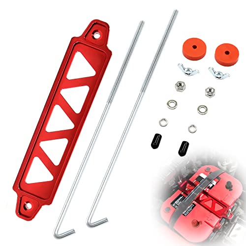 Battery Hold Down Bracket Aluminum Alloy Battery Tie Down Bracket Battery Tray for Car Battery Mount Bracket Hold Lock Accessories Car Battery Lock Down- with 10in J Bolts (Red)