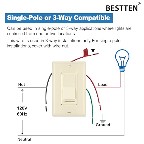 Image of BESTTEN 2 Pack Almond Dimmer Wall Light Switch, Compatible with Dimmable LED, CFL, Incandescent and Halogen Bulb, Single Pole or 3-Way Dimmer Switches, 120VAC, Decorator Wall Plate Included