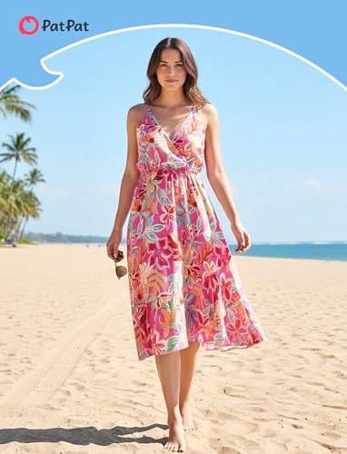 Image of PATPAT Couples Matching Outfits Hawaiian Women Dresses & Men Shirts | Matching Cruise Outfits for Couples, Beach Vacation Outfits, Spaghetti Strap Midi Sundress, Men Boho Tropical Print Shirt