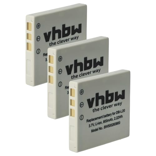 vhbw 3X Batterie Remplacement pour Sanyo DB-L20A, DB-L20, DB-L20AEX pour caméra vidéo caméscope (600mAh, 3,7V, Li-ION)