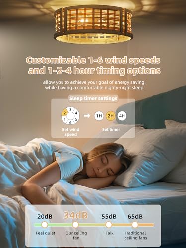 DSYBRI 20" Rattan Ceiling Fan with Light, Flush Mount Boho Ceiling Fans with Lights Remote Control, Enclosed 6 Speeds for Bedroom, Nursery, Foyer - Image 4