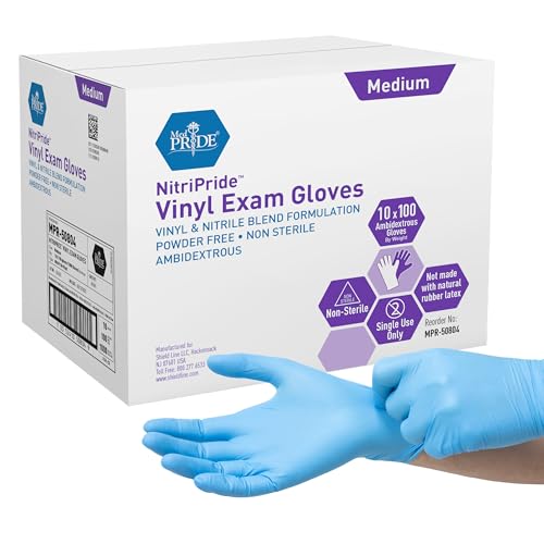 med pride disposable multipurpose hand protection nitrile-vinyl blend exam gloves medium 100 - powder latex amp rubber free - single use non-sterile protective gloves