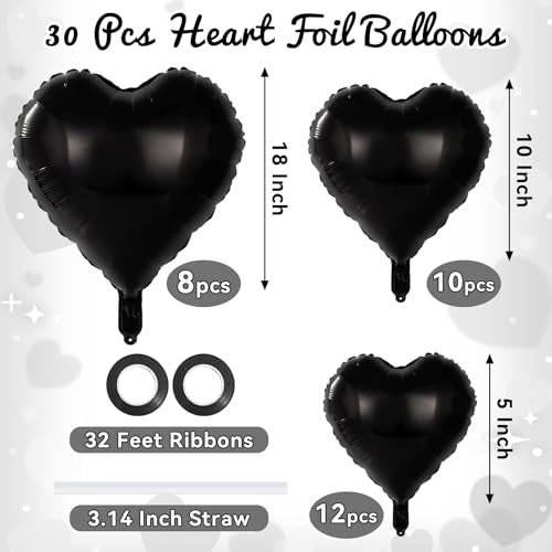 Image of 30 Pcs Black Heart Balloons, 3 Sizes Heart Foil Balloon, Valentine Day Party Decorations, Love Balloon Valentine Balloons for Birthday Party Wedding Baby Shower