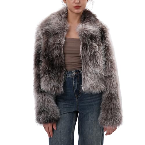 Amazhiyu Pelzmantel Damen, Felljacke Kunstfell Jacke Kunstpelz Mantel Pelzjacke, Kurz Plüschmantel Wintermantel Jacken, Faux Fur Coat Mit Reißverschluss und Pockets, Tie-Dye...
