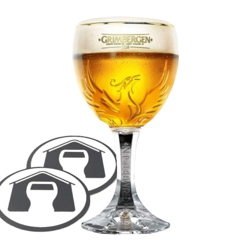 GarageBar Vaso de cerveza Grimbergen | 33 cl/media pinta | Producto oficial | Viene con 2 alfombrillas de goteo de cerveza