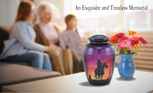 Image of Cowboy Cremation Urn for Human Ashes - Western Sunset Horse & Rider Urn - Beautiful Adult Funeral & Memorial Urn up to 210 lbs with Velvet Bag (Large)