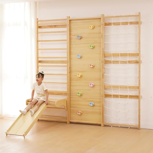 Image of Avenlur Walnut 9-in-1 Swedish Ladder Wall Gym Kids, Indoor Climbing Wall | 2 Heights: 78.8 inch or 94.5 inch Montessori Indoor Playground & Jungle Gym, Rock Climbing Wall for Kids, Rope Ladder, Slide, Swing
