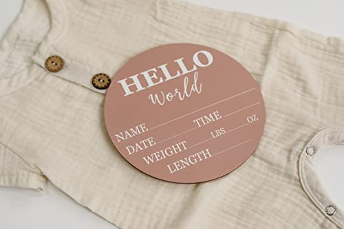 Image of Baby Announcement Sign for Newborn Boys and Girls (Color Bases) - Hello World Nursery Decor Sign & Photo Prop for Babies Made of Birch Wood - 6 inch Circle Board (Pink)