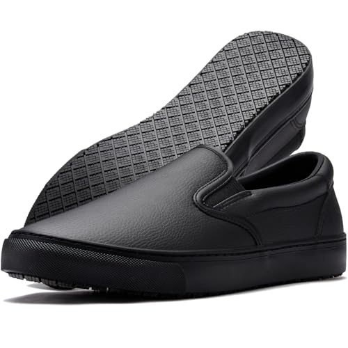 Convole Non-Slip Work Shoes for Women, Oil & Water Slip-Resistant Leather Sneakers for Food Service, Black Slip On Restaurant Server Shoes, Comfortable Casual Stain Resistant Chef Kitchen Shoes