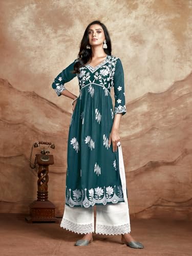 Image of EthnicJunction Women's Silk Blend Regular Fit Chikankari Embroidered Naira Cut Kurta