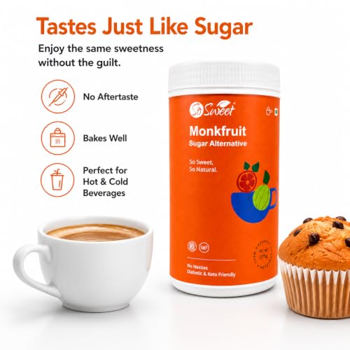 Image of So Sweet Monk Fruit Sweetener 375 g, Sugar Free, Natural Sugar Alternative | Monk fruit extract and erythritol blend, sugar substitute for tea, coffee, baking, cooking and desserts, 375 g jar