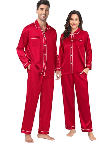 SWOMOG Couples Satin Pajamas Set Women & Men 2PCS Pjs Long Sleeve & Pants Sleepwear Button-Down Loungewear with Pockets - Main Image