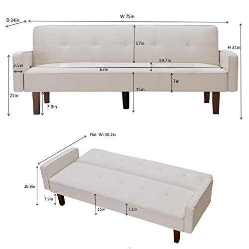 Olela Sofa Bed Convertible Sofa Couch Futon Sleeper Linen Fabric Reclining Sofa With Armrest Wood Legs For Living Room Furniture (Ivory) #TOP4