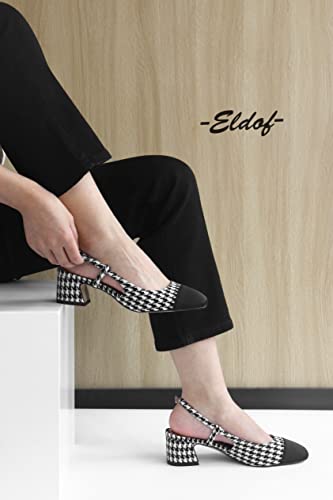 Eldof Women's Slingback Pumps, Square Toe Block Heels, Comfort 2 Inches Low Heels With Adjustable Strap, Dress Shoes For Office Wedding Work Evening Party Satin Black Houndstooth Us Size 9 #TOP5