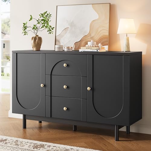 Image of oneinmil Sideboard, Wooden Sideboard Cabinet with Adjustable Shelf, 3 Drawers and 2 Doors, Modern Cabinet for Living Room, Hallway, Kitchen, Black