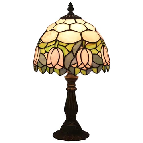 Tiffany Style Table Lamp, Pink Tulip Stained Glass Lamp, 8 Inch Small Antique Lamp, for Bedside Nightstand Bedroom Living Room Home Office, Include LED Bulb