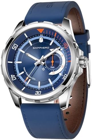 SAPPHERO Mens Watch Analog Quartz Watches with Date Subdial Leather Strap 50M Waterproof Business Work Sport Casual Dress Wristwatch Elegant Gift for Men