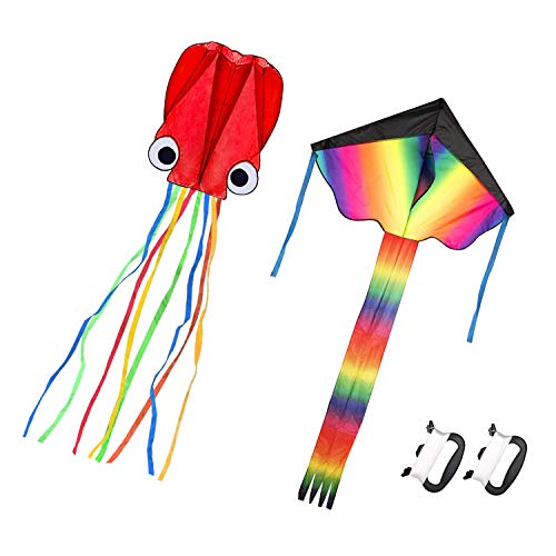 Homdipoo Rainbow Kite Mollusc Octopus Kite 2Pack Easy to Fly Kites for Kids Ages 4-8 and Kites for Adults Kite with 2Handle 300ft Kite String for Beginner Outdoor Beach Kite (MUL+Red)