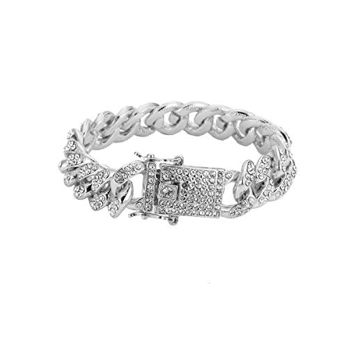 CHUANGOU Cadena Cubana de Miami Pulsera de Hip Hop para Hombres y Mujeres,Plata Cover