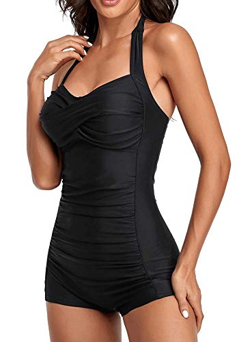 ebuddy Elegant Inspired Boy-Leg One Piece Ruched Monokinis Swimsuit,Black-M - Thumbnail 2