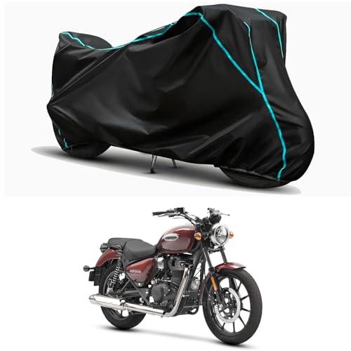Image of Waterproof Bike Body Cover Compatible for | Royal Enfie Meteor 350 ABS Custom | Taffeta Fabric, Sky Piping Design, Bottom Elastic Fit | Dustproof, Sun UV & Rain Protection for All Weather.