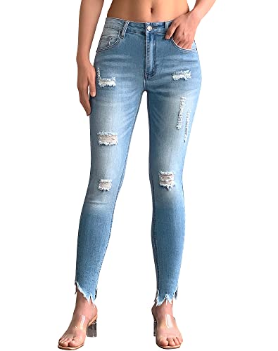 roswear Women's Ripped Mid Rise Frayed Hem Denim Pants Stretchy Skinny Tummy Control Jeans